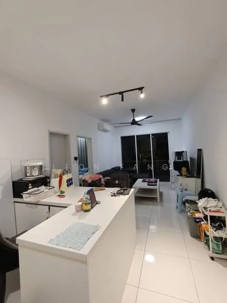 Kitchen features: white cabinetry, stainless-steel sink, chrome pull-down faucet, countertop with breakfast bar, microwave, kettle, open shelving; style: modern. Living features: 3-seater fabric sofa in grey, coffee table, wall-mounted TV, ceiling fan, LED downlights, white painted walls, polished tile flooring; style: modern.