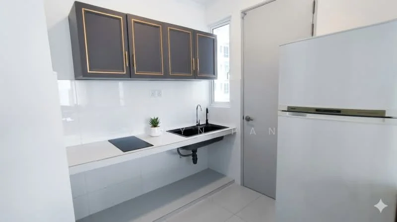 Kitchen features: grey cabinetry with gold handles, white tiled backsplash, white countertop, single-bowl stainless-steel sink, chrome pull-down faucet, built-in cooktop, white refrigerator, window with natural light, white ceramic tile flooring, wall-mounted cabinets; style: modern.