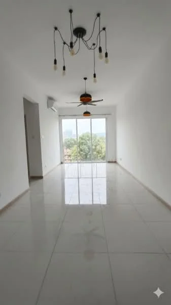 Living features: white painted walls, polished ceramic tile flooring, 5-blade ceiling fan with light, pendant light fixture, floor-to-ceiling windows, sliding glass door, view of greenery, air conditioning unit; style: modern; view: garden.