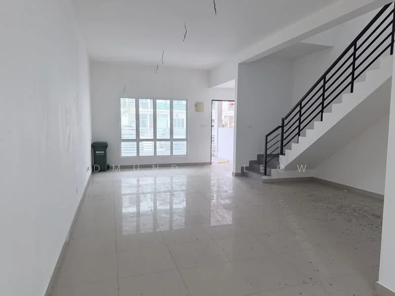 Room features: white painted walls, polished tile flooring, staircase with black railing, large windows, natural light, open layout, high ceiling, corner space; style: modern.