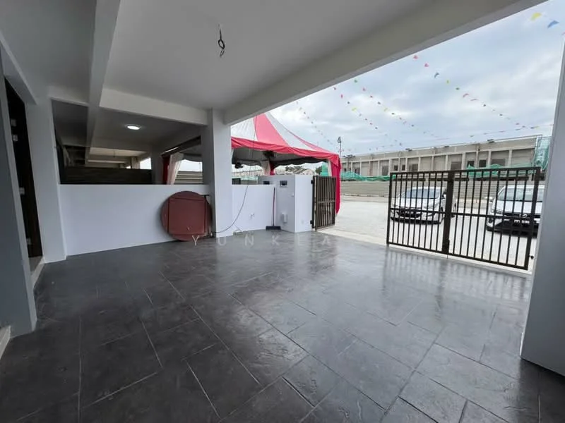 Exterior features: paved flooring, metal gate, covered area with awning, open space, surrounding fence, parking area, decorative flags, concrete walls; style: modern.