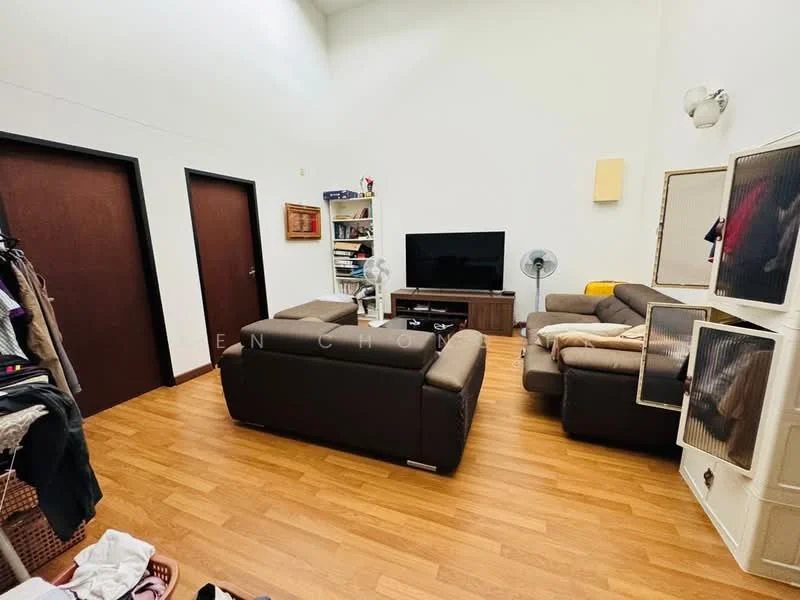 Living features: brown leather sectional sofa, 3-seater sofa, wooden flooring, flat-screen TV on console, wall-mounted fan, white walls, high ceiling, shelving unit, decorative wall sconce; style: contemporary. Room features: two wooden doors, clothing rack, storage baskets.