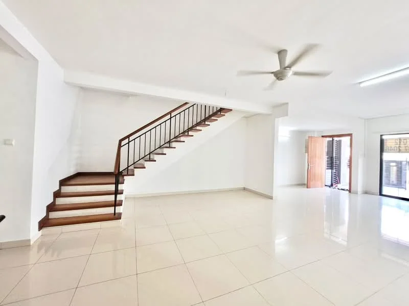 Living features: white painted walls, polished ceramic tile flooring, 5-blade ceiling fan, staircase with wooden steps and metal railing, large windows for natural light, open layout, doorway leading to outdoor area; style: modern.