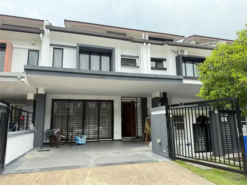 Exterior type: linked terrace house; features: grey tiled flooring, white painted facade, black metal gate, two-storey structure, manicured lawn, paved driveway, front porch area, large windows with black frames, overhanging roof, decorative columns at entrance; style: modern.