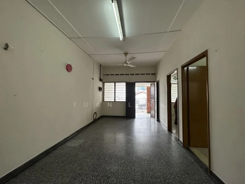 Room features: grey terrazzo flooring, white painted walls, ceiling fan, window with horizontal blinds, door leading outside, light fixture on ceiling, doorway to another room, wall-mounted electrical outlet; style: minimalist.