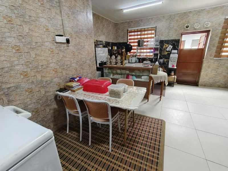 Kitchen features: stone-patterned wallpaper, white tiled flooring, wooden dining table with four chairs, red plastic storage containers, kitchen cabinets with glass doors, built-in countertop with appliances, window with horizontal blinds, refrigerator, sink, wall-mounted electrical outlet, decorative wall items; style: traditional.