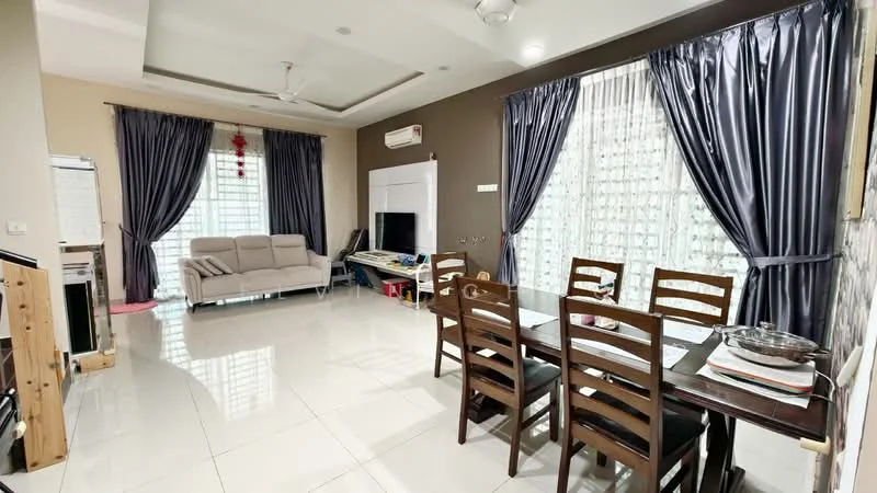 Living features: 3-seater fabric sofa in light grey, dining table with 6 wooden chairs, white TV console, wall-mounted TV, floor-to-ceiling windows with sheer curtains, dark grey curtains, ceiling fan with light, recessed downlights, polished ceramic tile flooring, decorative wall with dark paint, air conditioning unit; style: modern.
