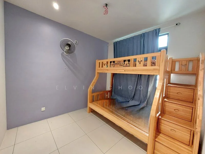 Bedroom features: bunk bed with wooden frame, wooden stairs, light purple painted walls, white tiled flooring, ceiling fan, blue curtains, window with natural light, built-in storage drawers; style: modern.