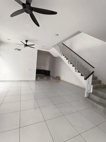Living features: white painted walls, polished ceramic tile flooring, 2 ceiling fans, staircase with metal railing, recessed downlights, large open space, corner for TV console, natural light from windows; style: modern.