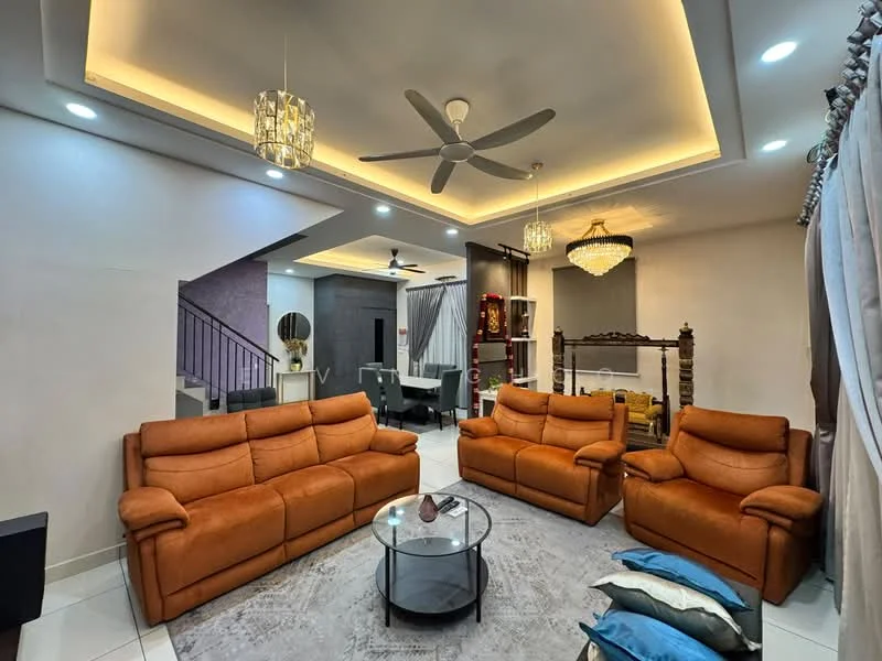 Living features: 2 brown leather recliner sofas, round glass coffee table, area rug with geometric pattern, 5-blade ceiling fan with light, recessed LED downlights, chandelier, white painted walls, grey accent wall, curtains in neutral color, decorative wall art, open staircase, dining area visible in background; style: modern.