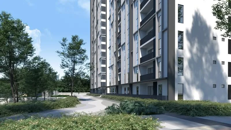 Exterior type: high-rise condominium; features: white painted facade, glass curtain wall, recessed balconies, manicured landscaping, paved walkway, surrounded by greenery, multiple storeys, large windows; style: modern.