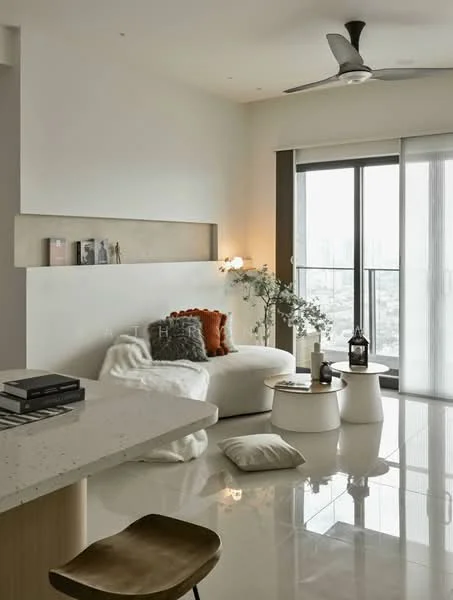Living features: cream painted walls, polished marble flooring, 5-blade ceiling fan with light, floor-to-ceiling windows, sheer curtains, light grey fabric sofa, decorative throw pillows, round coffee table, small side table, indoor plant, decorative items on shelves; style: modern; view: city.