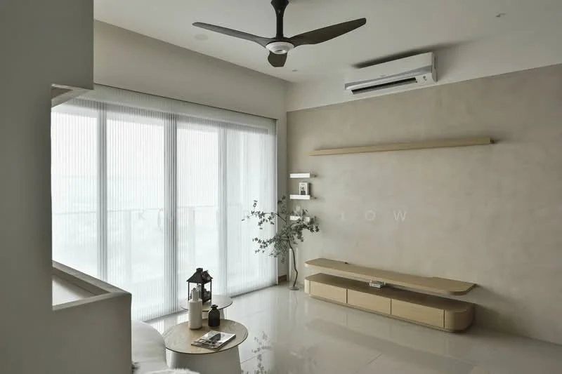 Living features: 5-blade ceiling fan with light, wall-mounted split AC, floor-to-ceiling windows, sheer curtains, light-colored walls, polished tile flooring, floating shelf, low-profile wooden TV console, decorative plant in vase, coffee table, decorative items on console; style: modern.