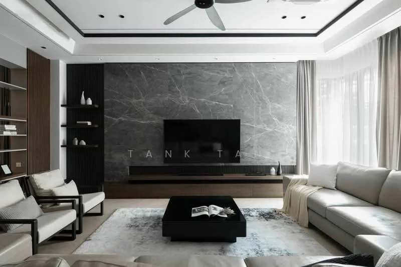 Living features: grey marble accent wall, black wall-mounted TV, light grey fabric sofa, black coffee table, white area rug, wooden shelving unit, black armchairs, recessed ceiling lights, ceiling fan, floor-to-ceiling windows with sheer curtains, dark wood cabinetry, crown moulding; style: modern.
