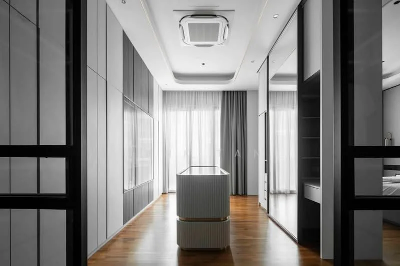 Room features: wooden flooring, white painted walls, grey accent wall, floor-to-ceiling windows, sheer curtains, recessed downlights, central air conditioning unit, built-in cabinetry, mirrored wardrobe, minimalist design, decorative ceiling detail; style: modern.