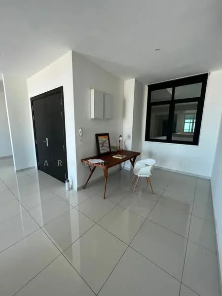 Room features: white painted walls, glossy ceramic tile flooring, black front door, large black-framed window, wooden table, white chair, decorative artwork on table, wall-mounted light fixture, two wall-mounted cabinets; style: modern.
