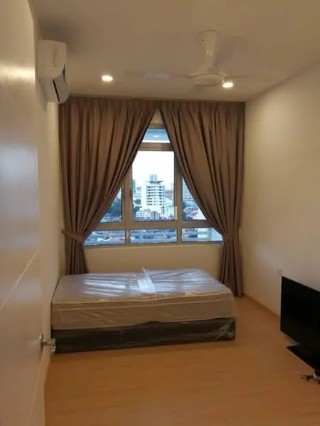 Bedroom features: queen-size bed with protective covering, floor-to-ceiling windows, curtains in beige, wooden flooring, wall-mounted air conditioning unit, ceiling fan, TV console, wall-mounted TV; style: modern; view: city.