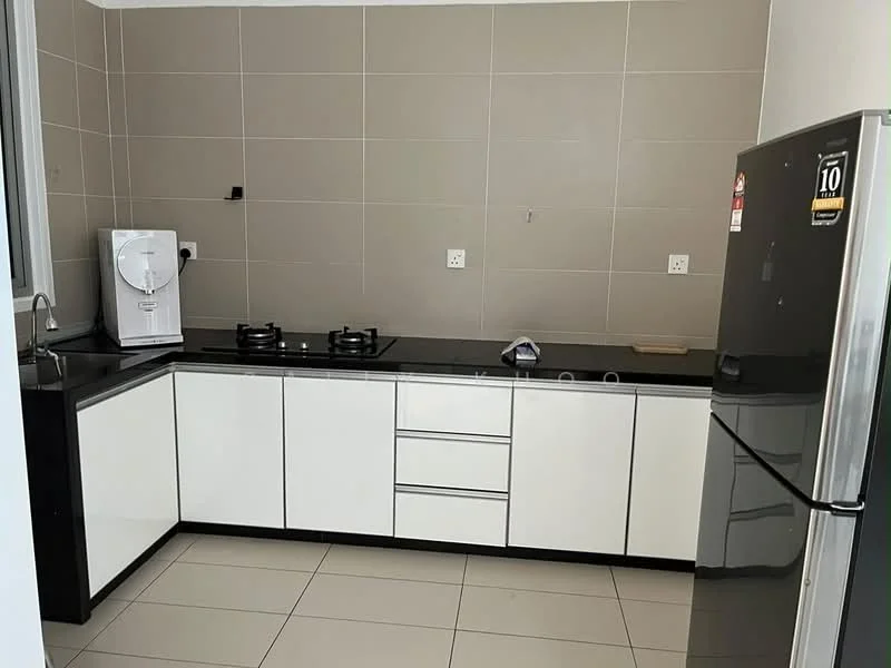 Kitchen features: black granite countertop, white flat-panel cabinets, stainless-steel fridge, built-in gas hob with two burners, black glass backsplash, single-bowl stainless-steel sink, kitchen faucet, wall-mounted kitchen appliance, tile flooring, neutral painted walls, under-cabinet lighting; style: modern.
