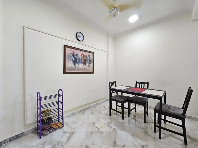 Dining features: white painted walls, marble tile flooring, ceiling fan, dining table with black legs and white top, 4 black dining chairs, wall clock, framed artwork with horse theme, purple shoe rack, shoes on rack; style: modern.