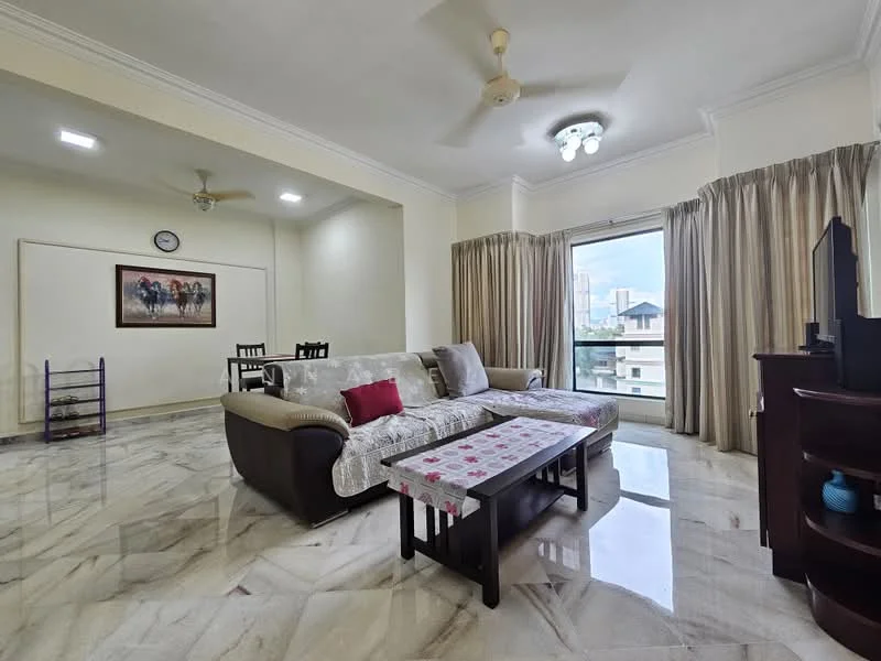 Living features: marble tile flooring, white painted walls, tray ceiling, 5-blade ceiling fan with light, sofa in brown leather, coffee table with floral design, TV console, wall-mounted TV, floor-to-ceiling windows, curtains in beige, decorative artwork on wall, dining table with chairs visible in background; style: modern; view: city.