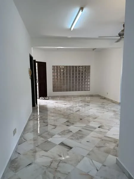 Living features: white painted walls, marble tile flooring, ceiling fan, glass block feature wall, doorway leading outside, recessed lighting, open layout, large space; style: modern.