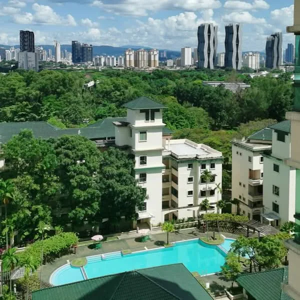 Exterior type: high-rise condominium; features: infinity pool, landscaped garden, manicured lawn, surrounded by mature greenery, multiple storey buildings, city skyline in background, outdoor seating area, palm trees, swimming pool deck with loungers; style: modern.