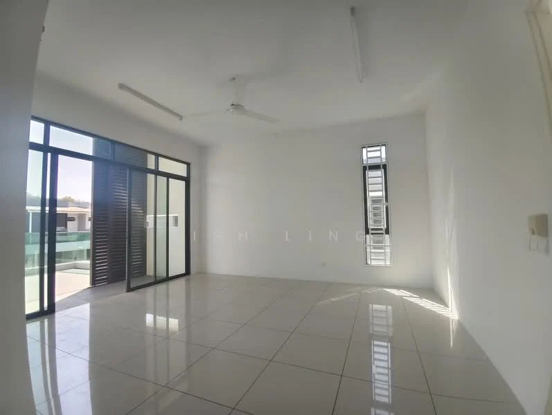 Room features: white painted walls, glossy tile flooring, 2 ceiling fans, floor-to-ceiling windows, sliding glass door, vertical louvre screens, natural light from windows, neutral color scheme; style: modern.