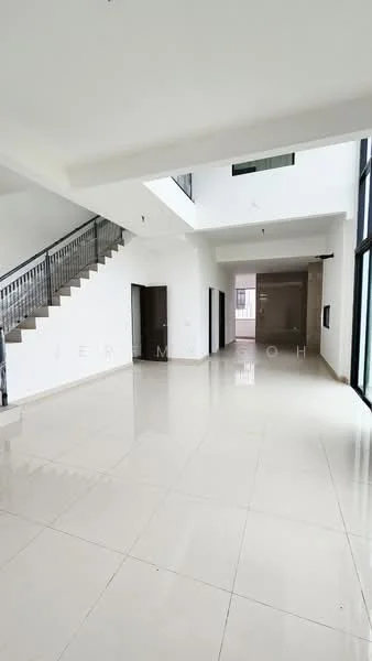 Room features: white painted walls, polished ceramic tile flooring, high ceiling, large floor-to-ceiling windows, staircase with metal railing, open layout, natural light, neutral color palette; style: modern.
