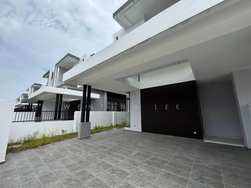 Exterior type: linked terrace house; features: grey tiled flooring, white painted walls, overhang roof, open space, surrounded by grass, modern architectural design, fenced perimeter, multiple units visible in background; style: modern.