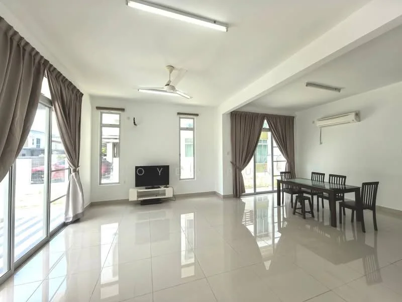 Living features: white painted walls, glossy ceramic tile flooring, 5-blade ceiling fan with light, recessed LED downlights, floor-to-ceiling windows, sliding glass door, curtains in beige, TV console in white, wall-mounted TV, dining table with 4 black chairs, air conditioning unit on wall; style: modern; view: garden.