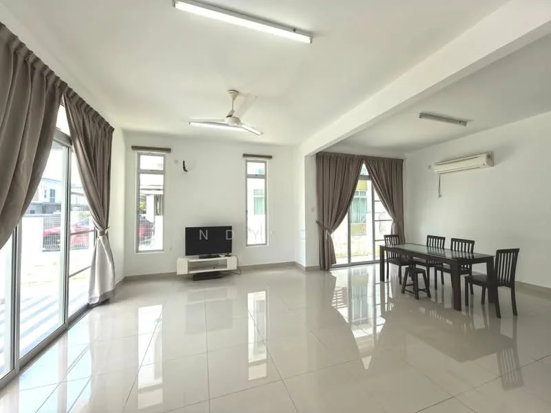 Living features: white painted walls, glossy ceramic tile flooring, 5-blade ceiling fan with light, recessed LED downlights, floor-to-ceiling windows, sliding glass door, curtains in beige, TV console in white, wall-mounted TV, dining table with black chairs, air conditioning unit on wall; style: modern; view: garden.