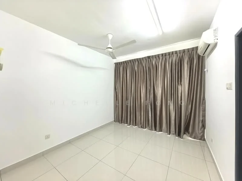 Room features: white painted walls, glossy tile flooring, 5-blade ceiling fan, wall-mounted split AC, floor-to-ceiling curtains in beige, LED ceiling lights; style: modern.