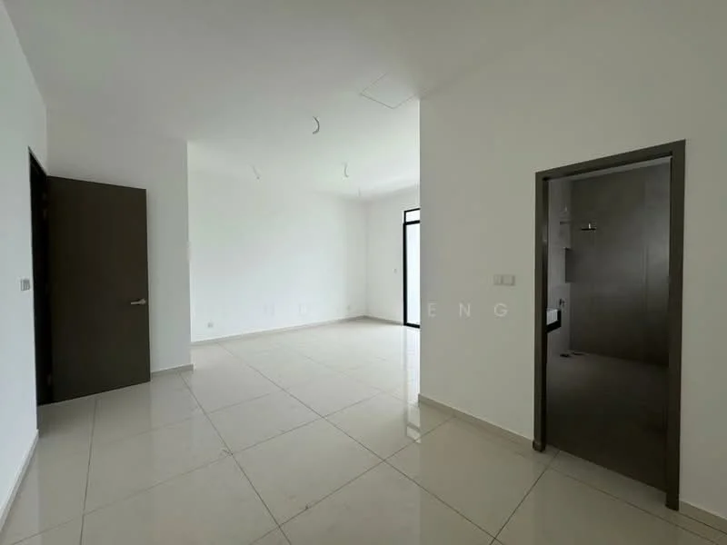 Room features: white painted walls, glossy tile flooring, ceiling with exposed wiring, single door, double door, large window, natural light, neutral color scheme; style: modern.