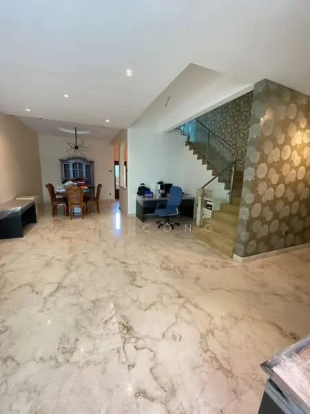 Living features: marble flooring, white painted walls, recessed downlights, chandelier, staircase with decorative wall, large windows, open layout, dining area with wooden dining table, blue office chair, decorative wall with patterned wallpaper; style: modern.