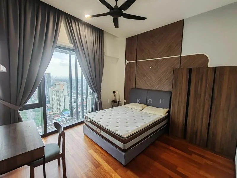 Bedroom features: queen-size bed, upholstered headboard, wooden flooring, floor-to-ceiling windows, grey curtains, ceiling fan, study desk, built-in wardrobe with wood finish; style: modern; view: city.