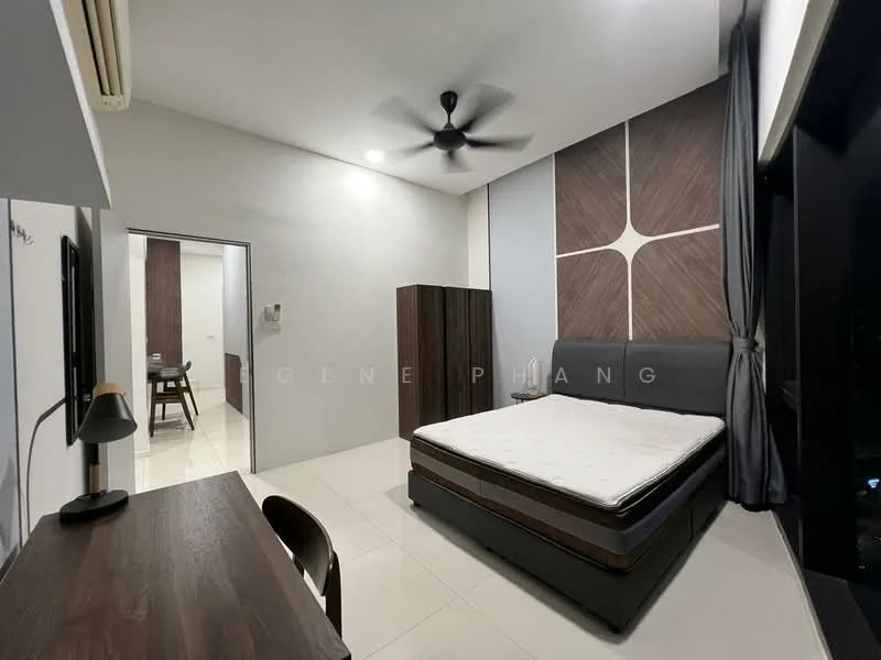 Bedroom features: queen-size bed, upholstered headboard, wooden wardrobe, study desk, black chair, ceiling fan, white painted walls, tile flooring, curtains, window with city view; style: modern; view: city.