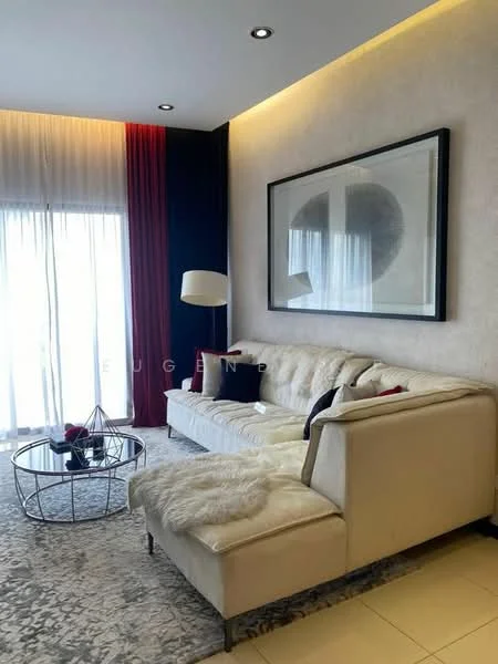 Living features: 3-seater white leather sofa, decorative throw blanket, glass coffee table with metal base, area rug with geometric pattern, floor-to-ceiling windows, sheer curtains, recessed downlights, wall-mounted artwork, accent wall with red and blue panels, lamp with white shade; style: modern.