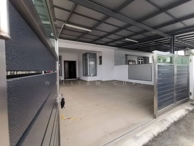 Exterior type: linked terrace house; features: covered car porch, grey tiled flooring, metal roof, glass sliding door, modern gate, white painted walls, large windows, open space, concrete driveway; style: modern.