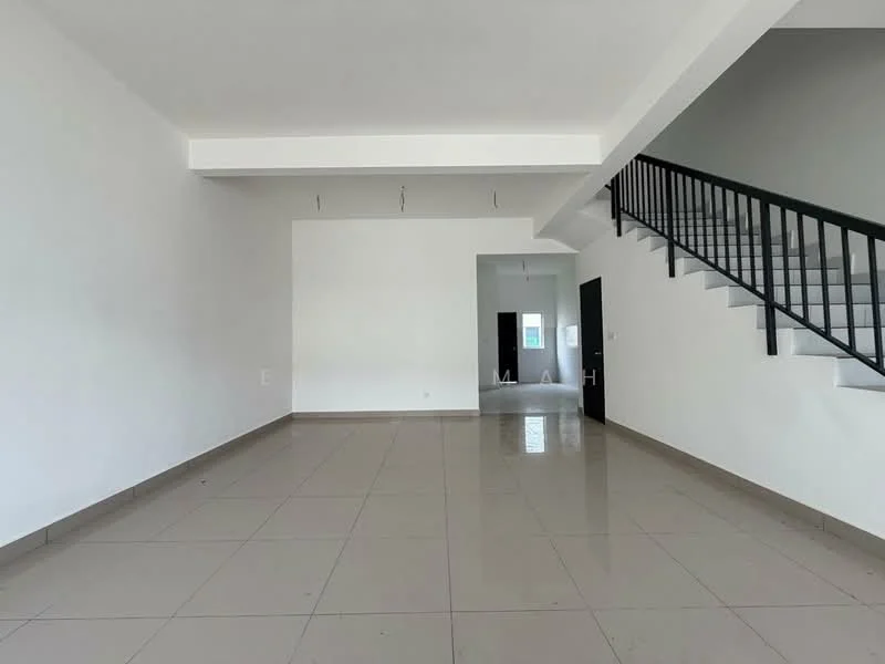 Room features: white painted walls, polished ceramic tile flooring, open layout, staircase with black railing, large windows for natural light, high ceiling, neutral color scheme, no visible furniture or decor; style: modern.