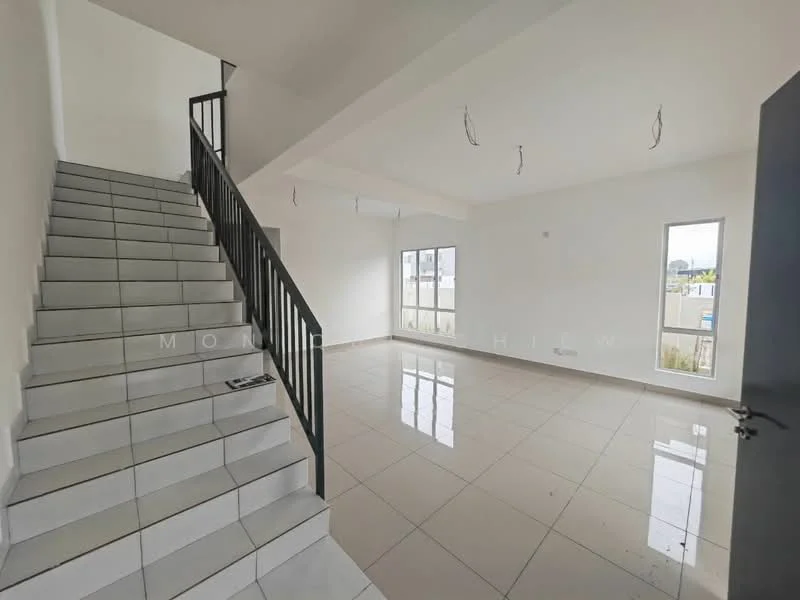 Room features: white painted walls, grey tiled flooring, staircase with black railing, large windows, recessed ceiling lights, open layout, high ceiling, natural light from windows; style: modern.