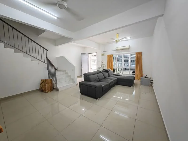 Living features: grey fabric sectional sofa, marble tile flooring, white painted walls, ceiling fan with light, large window with sheer curtains, sliding glass door, area rug, decorative wall clock; style: modern. Room features: staircase with metal railing, white painted walls, ceiling light.