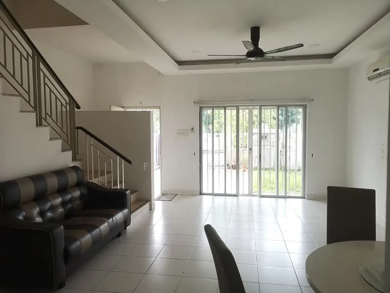 Living features: 3-seater leather sofa in black and brown, white painted walls, white ceiling with recessed downlights, sliding glass door, floor-to-ceiling windows, ceramic tile flooring, 5-blade ceiling fan, dining table, staircase with metal railing, view of outdoor garden; style: modern; view: garden.