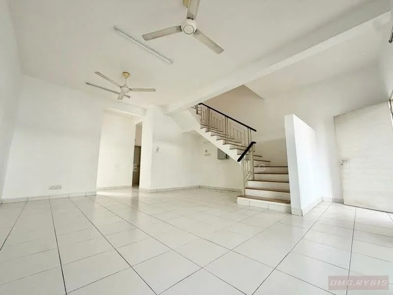Room features: white painted walls, white ceiling, tile flooring, staircase with metal railing, 2 ceiling fans, large windows, open layout, neutral color scheme; style: modern.