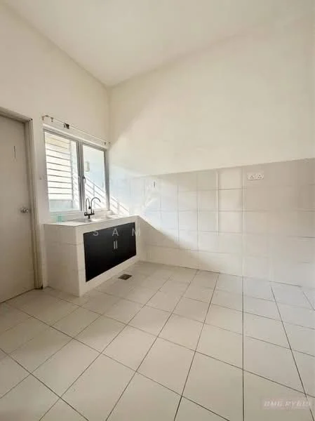 Kitchen features: white painted walls, white tiled flooring, single-bowl stainless-steel sink, chrome pull-down faucet, black cabinetry, window for natural light, tile backsplash, counter space; style: modern.