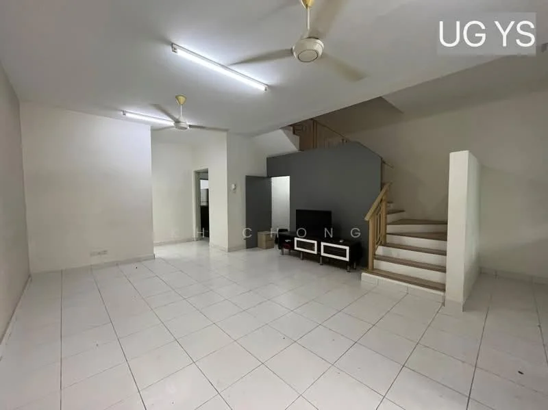 Living features: white painted walls, white tiled flooring, 2 ceiling fans, 2 fluorescent ceiling lights, staircase leading to upper floor, TV console with 2 drawers, wall-mounted TV, open layout, neutral color scheme; style: modern.