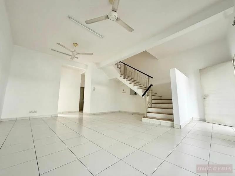Room features: white painted walls, white ceiling, tile flooring, 2 ceiling fans, staircase with metal railing, large windows, open layout, natural light; style: modern.