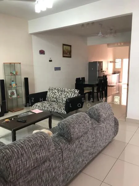 Living features: 3-seater fabric sofa in grey, 2-seater fabric sofa with zebra print, coffee table, TV console, wall-mounted TV, ceramic tile flooring, white painted walls, ceiling fan with light, decorative wall art, open layout to dining area and kitchen; style: modern. Room features: kitchen visible in background, dining area visible in background, refrigerator visible in kitchen.
