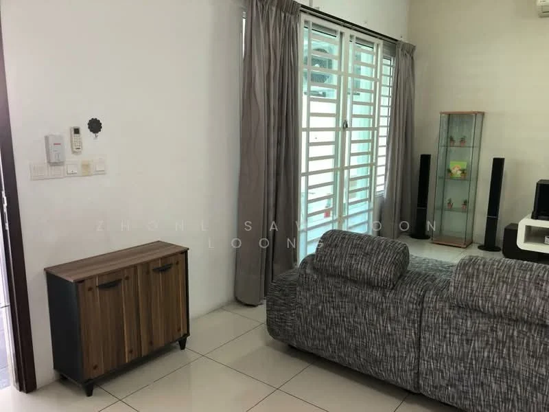 Living features: grey fabric sofa, wooden side cabinet, white walls, tiled flooring, curtains, glass display cabinet, floor-to-ceiling windows, wall-mounted speakers; style: modern.