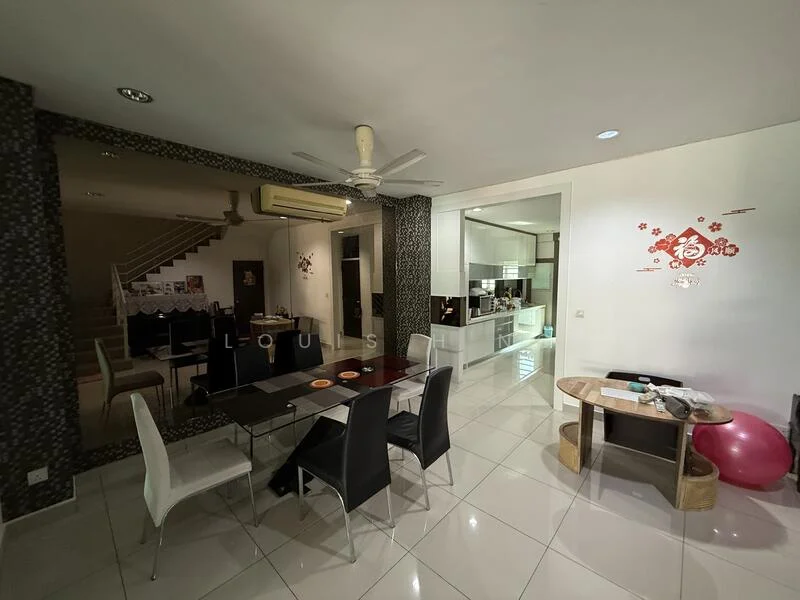 Dining features: white walls, glossy white tile flooring, 5-blade ceiling fan with light, dining table with black and white chairs, decorative wall with floral pattern, open layout to kitchen, large mirror on one wall, decorative wall art, air conditioning unit; style: modern. Kitchen features: white cabinetry, black countertops, built-in appliances, open layout to dining area; style: modern.