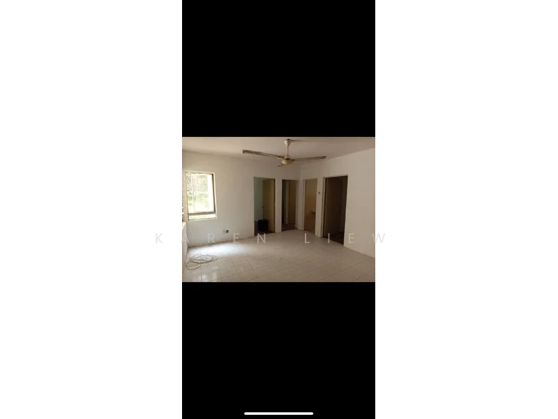 Room features: white painted walls, tiled flooring, ceiling fan, window with natural light, two doors leading to other rooms, light fixture on ceiling, power outlet visible, corner space for furniture.